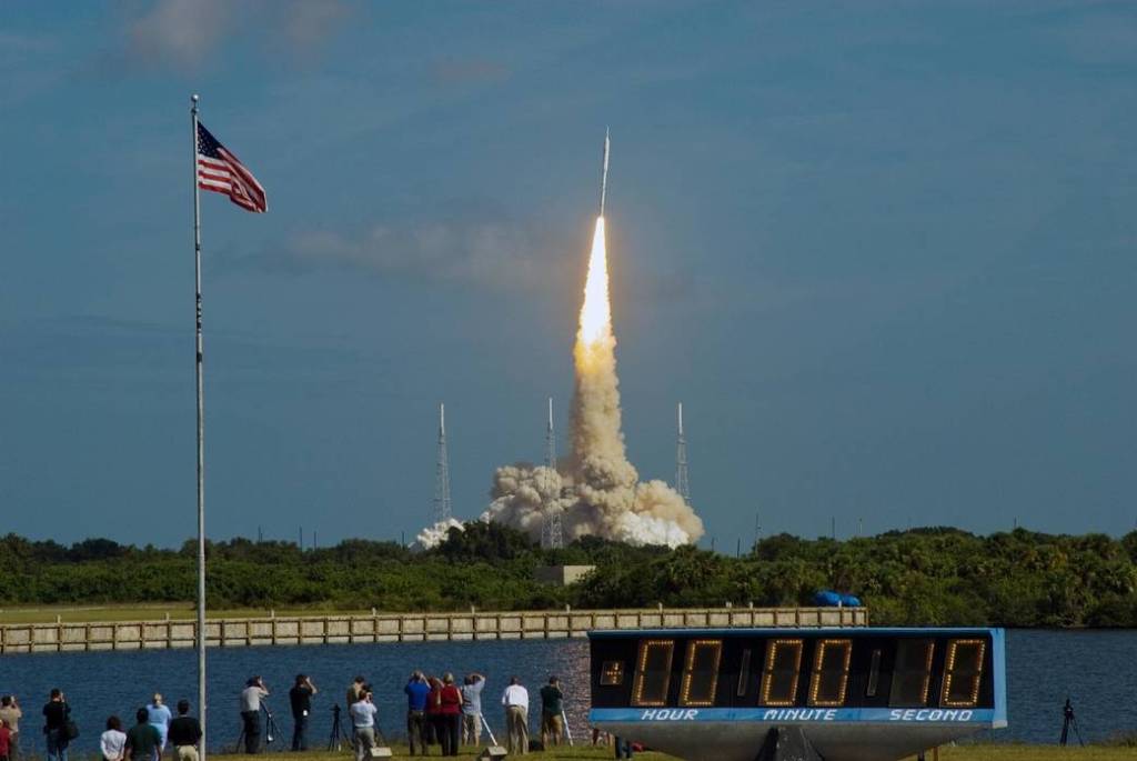 The Ares I-X test rocket roars off Launch Pad 39B at NASA's Kennedy Space Center in Florida. 