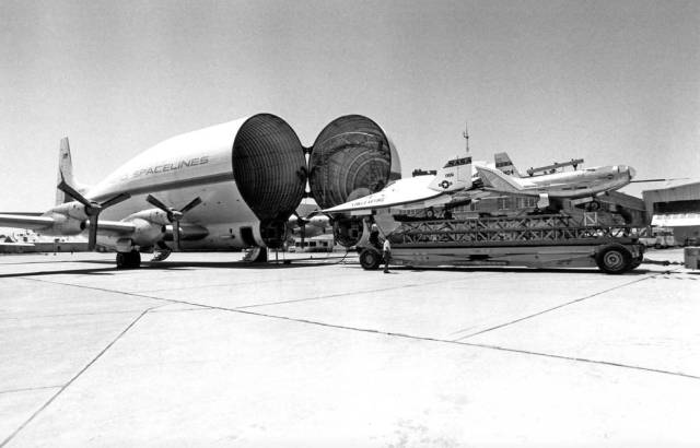 
			B377SGT Super Guppy on Ramp Loading the X-24B and HL-10 Lifting Bodies - NASA			