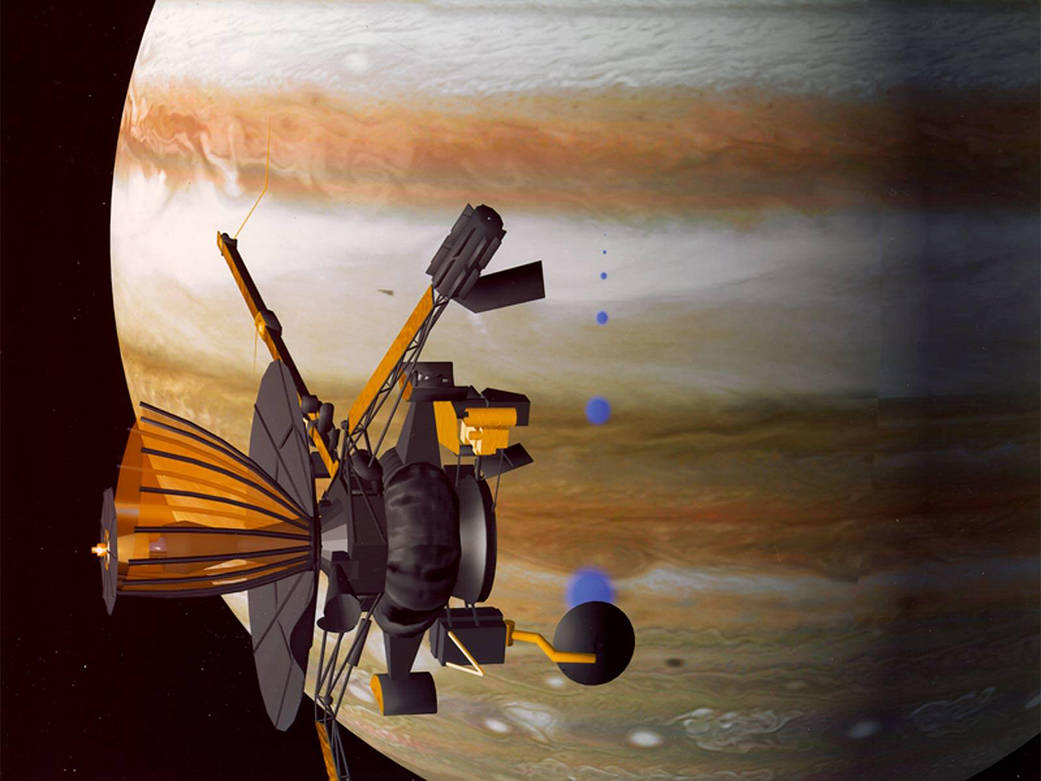 Illustration of Galileo spacecraft and Jupiter system