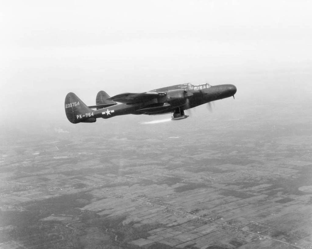 A flight test of a P-61 aircraft using a ramjet engine, which was used to propel missiles. 