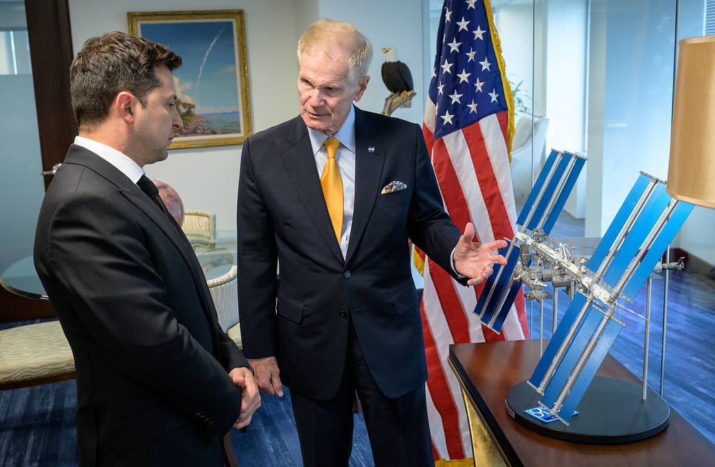 NASA Administrator Bill Nelson, right, discusses the International Space Station with Ukrainian President Volodymyr Zelensky during a meeting, Tuesday, Aug. 31, 2021, at the NASA Headquarters Mary W. Jackson Building in Washington.