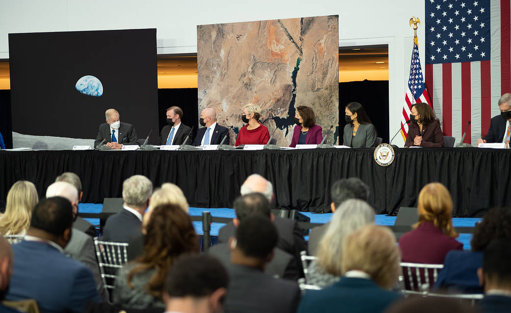 NASA Administrator Bill Nelson, left, speaks during the first meeting of the National Space Council, Wednesday, Dec. 1, 2021 at the United States Institute of Peace in Washington. 