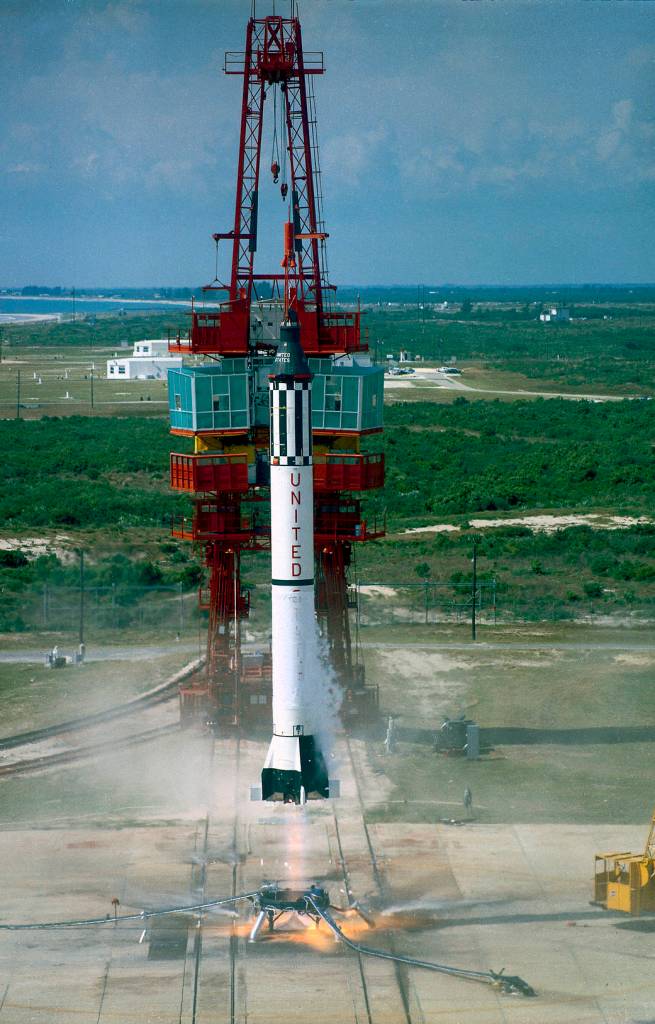 The launch of the Mercury-Redstone (MR-3), Freedom 7. MR-3 placed the first American astronaut, Alan Shepard, in suborbit on May