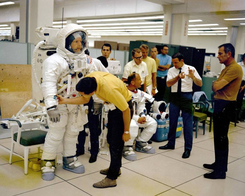 The Apollo 11 flight crew undergoes extravehicular activity (EVA) training in preparation for the first lunar landing.