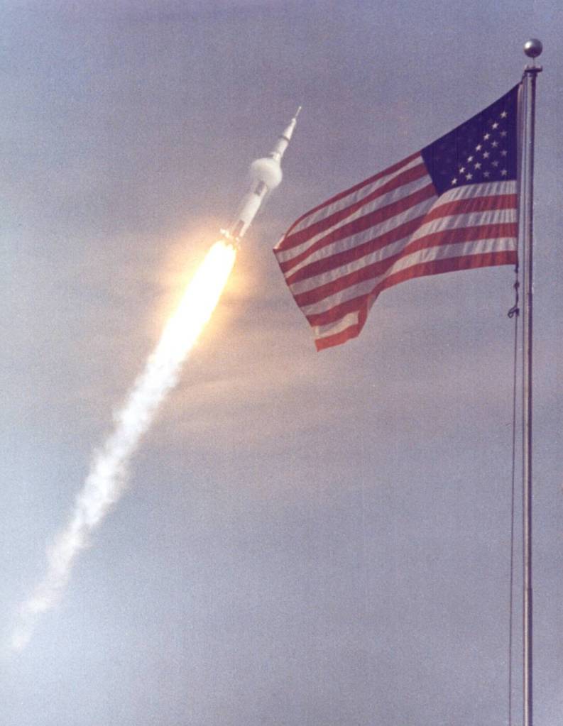 The American flag heralds the flight of Apollo 11, the first lunar landing mission. 