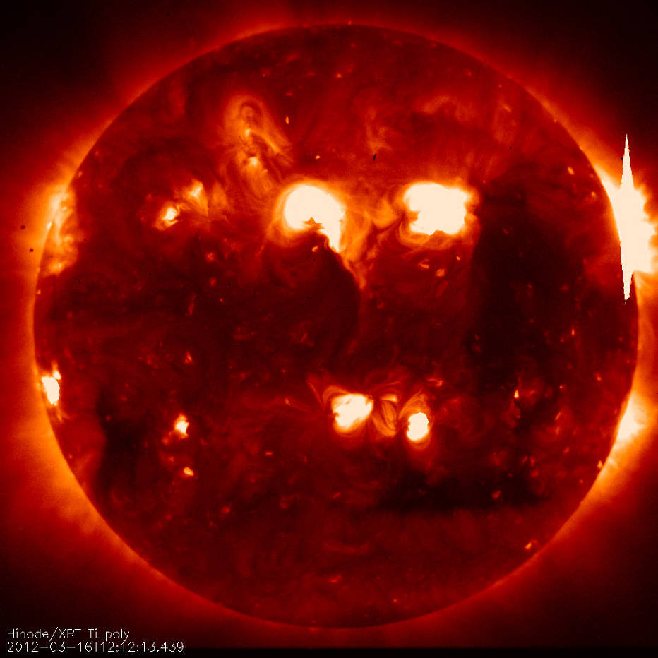 To support ground observations of the solar eclipse on Nov. 13, 2012, Hinode will capture images of the full sun from space for comparison, much like this one captured on March 16, 2012 with its X-Ray Telescope.