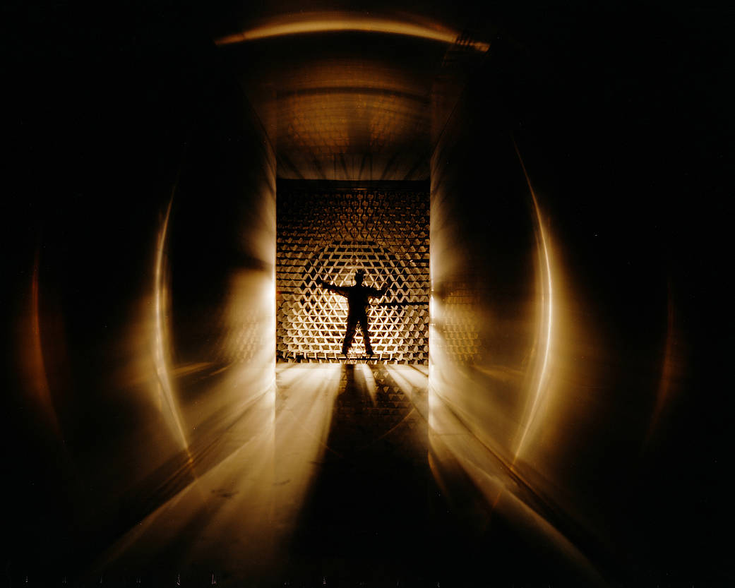 Silhouette of workman in the 8x6 foot wind tunnel.