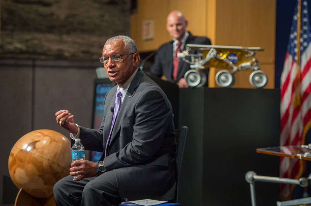 NASA Administrator Charles Bolden speaks at a public event at NASA Headquarters observing the first anniversary of the Curiosity