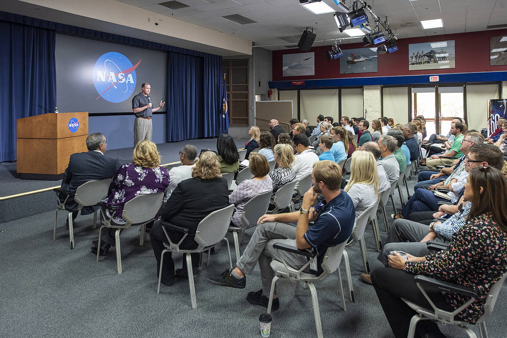 Administrator Bridenstine states his goals for NASA to a group of AFRC employees.