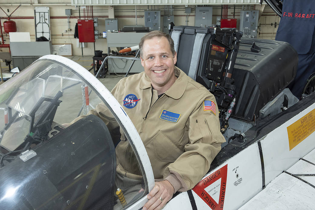 NASA Administrator Bridenstine sitting in F-18 cockpit.