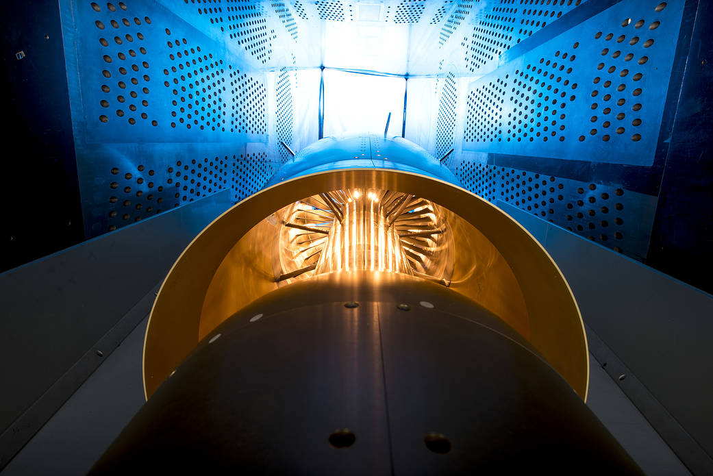 Inside the 8’ x 6’ wind tunnel at NASA Glenn, engineers recently tested a fan and inlet design, commonly called a propulsor