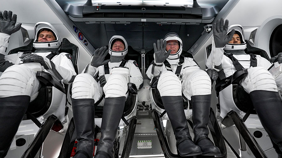 The four SpaceX Crew-6 members (from left) Andrey Fedyaev, Woody Hoburg, Stephen Bowen, and Sultan Alnedayi, are pictured inside the Crew Dragon Endeavour prior to launching.