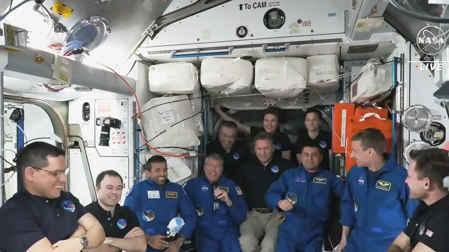 The four SpaceX Crew-6 members joined the seven Expedition 68 crew members aboard the space station expanding its population to 11. Credit: NASA TV