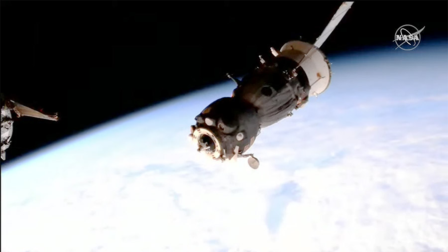 The Soyuz MS-22 begins to depart the station following its undocking from the Rassvet module. Credit: NASA TV