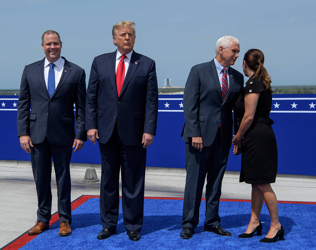 NASA Administrator Jim Bridenstine, left, President Donald Trump, Vice President Mike Pence, and Second Lady Karen Pence, prepar