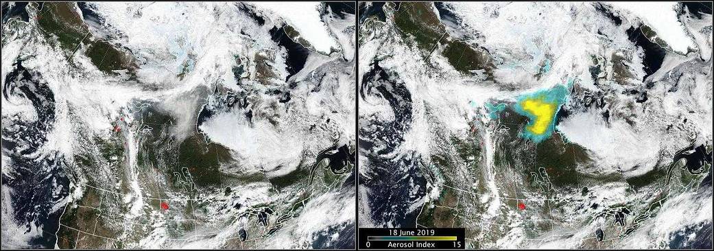 From Suomi NPP, an analysis of clouds, smoke and aerosols generated by several wildfires in Alberta, Canada