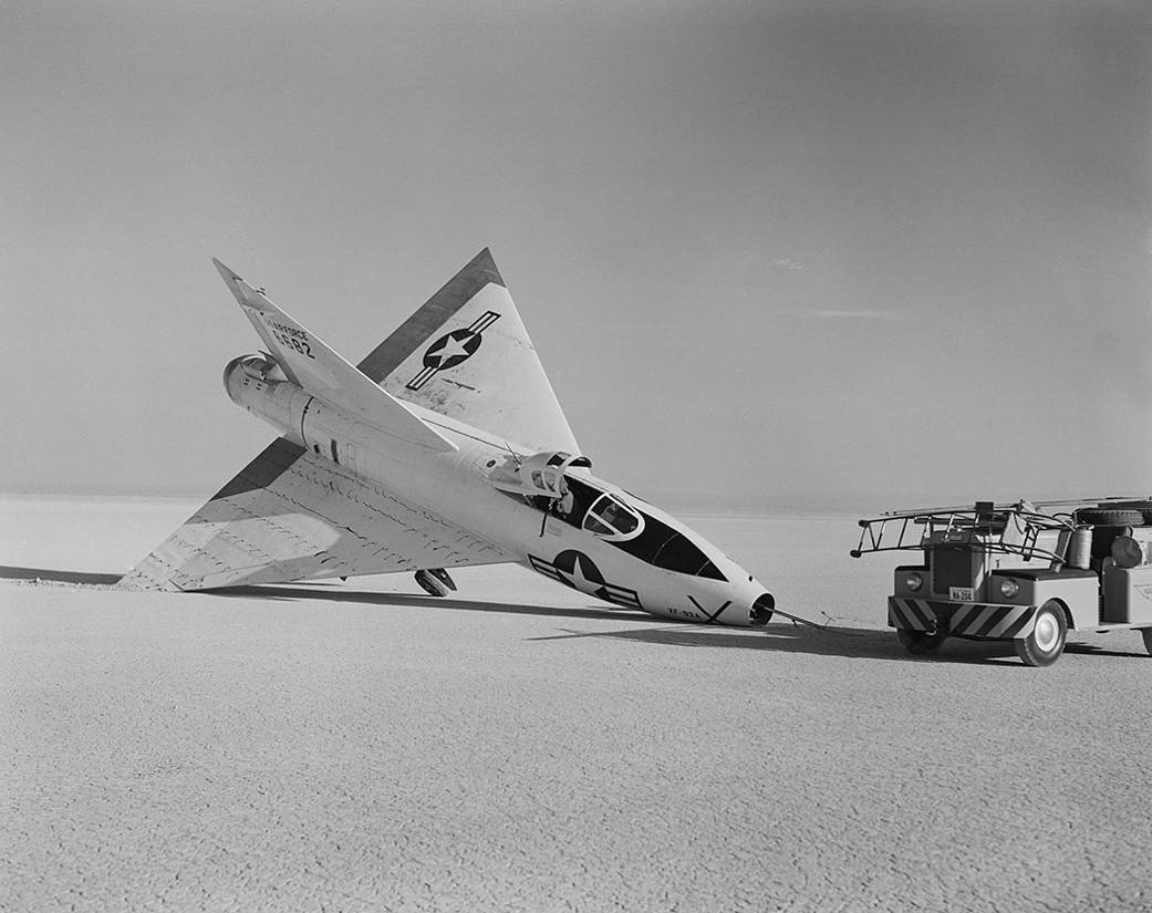 The XF-92A aircraft, after a minor mishap it's nose is making contact with the ground.