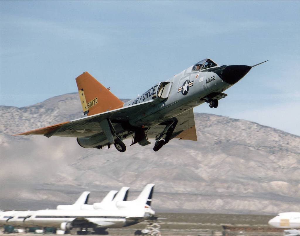 QF-106 airplane for the Eclipse project taking off from Mojave Airport, California.
