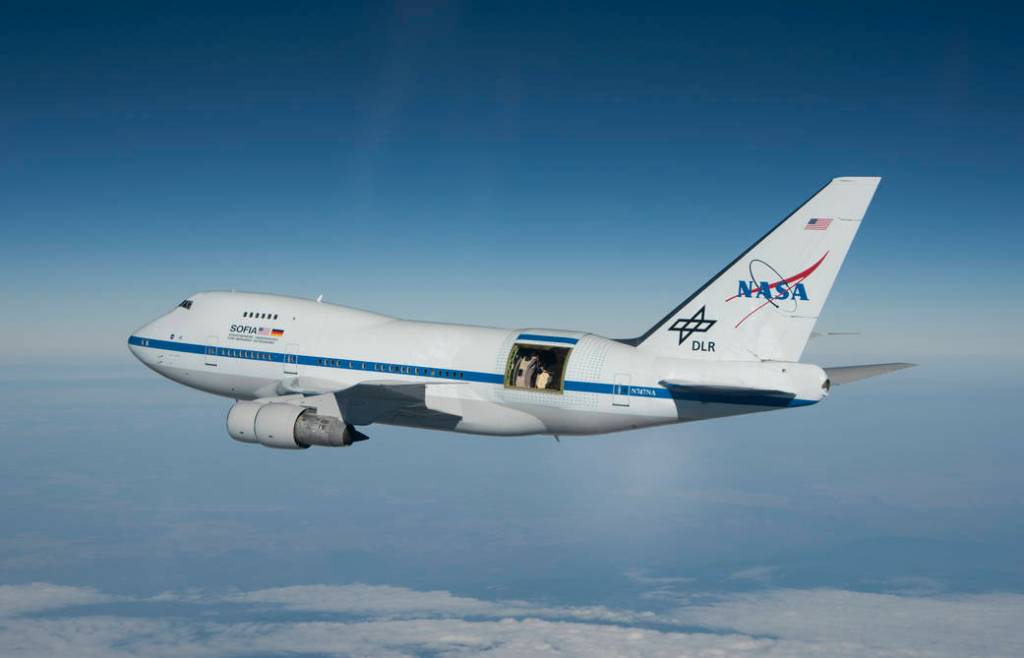 With the large door over its 2.5-meter German-built telescope wide open, NASA's Stratospheric Observatory for Infrared Astronomy