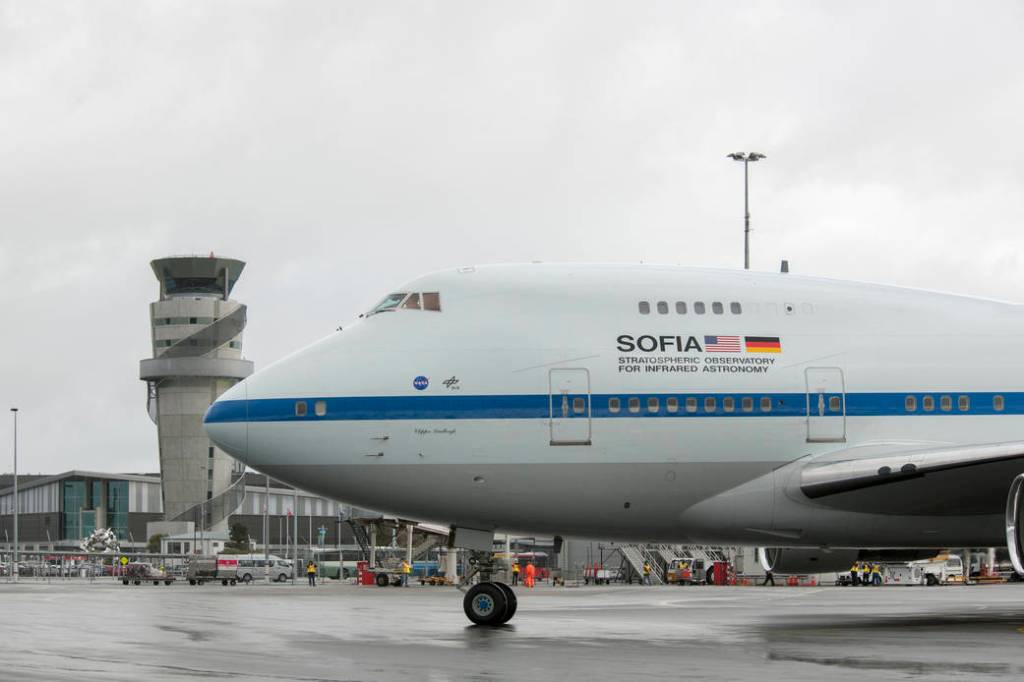 On the rain-soaked ramp at its deployment base at Christchurch International Airport, New Zealand. NASA's SOFIA flying observato