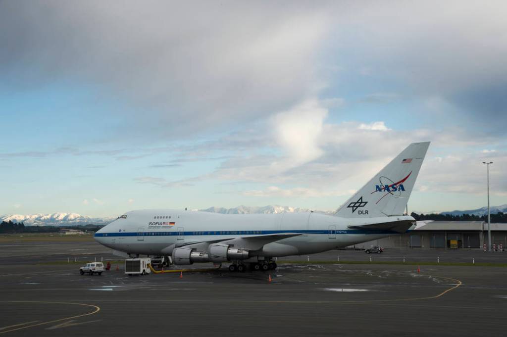 The Stratospheric Observatory for Infrared Astronomy 747SP is parked on the ramp at Christchurch, New Zealand following a storm 