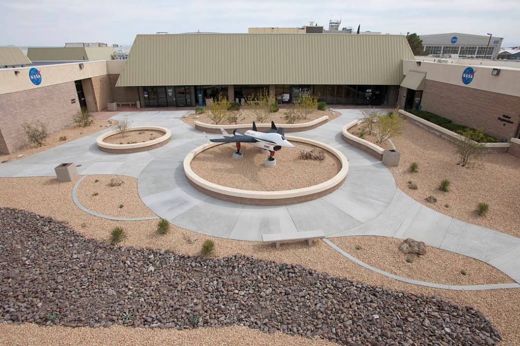 NASA's HIMAT on display in the the newly landscaped courtyard in front the Integrated Support Facility at NASA Armstrong.