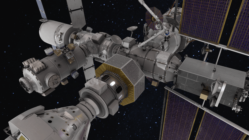 Artist's concept of the Gateway space station in lunar orbit, set against the backdrop of space.