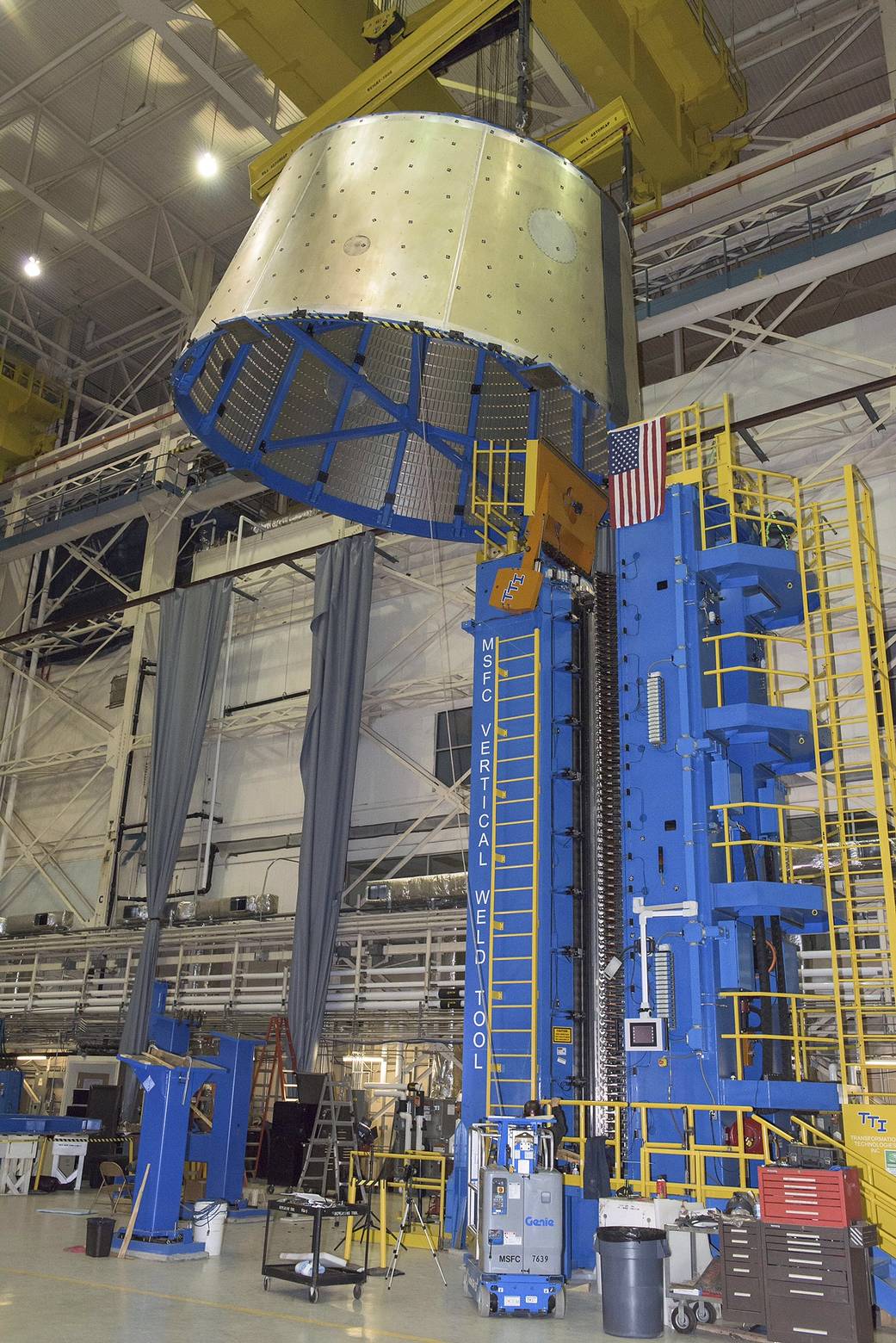 The aft cone, or bottom portion, of a test version of the launch vehicle stage adapter (LVSA) 