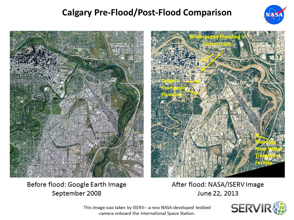 This image shows Calgary before and after the devastating floods of June 22. The venue for the famous annual rodeo and exhibitio