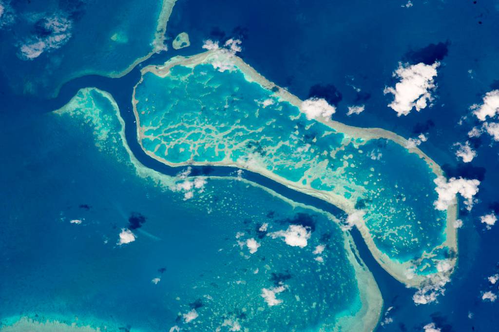 Image from orbit of barrier reef in blue ocean water