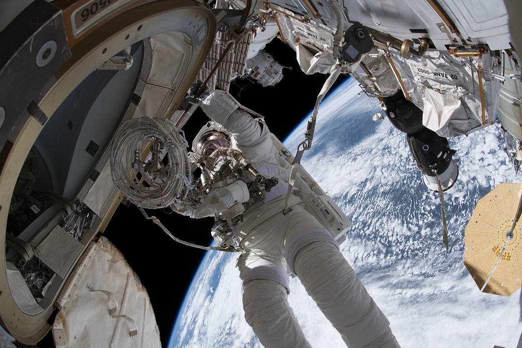 NASA astronaut Drew Feustel is pictured outside of the Quest airlock