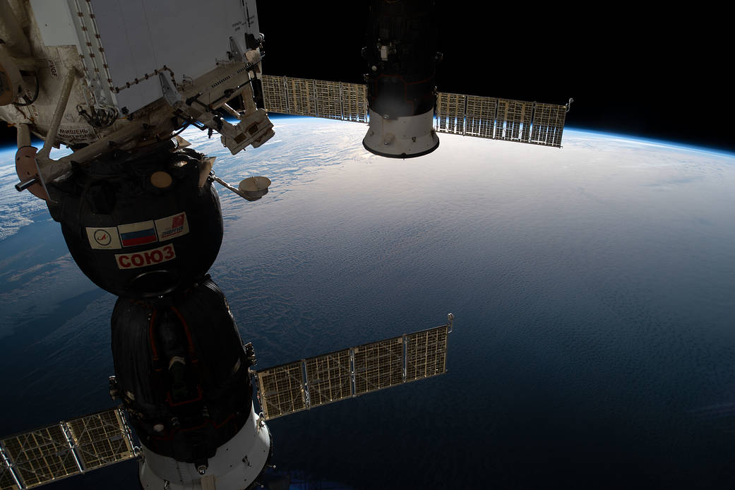 Two docked Russian spaceships 263 miles above the Atlantic Ocean - NASA