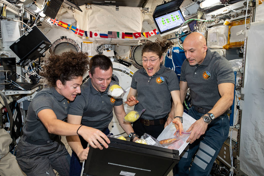 Expedition 61 crewmembers unpack fresh fruit and other goodies