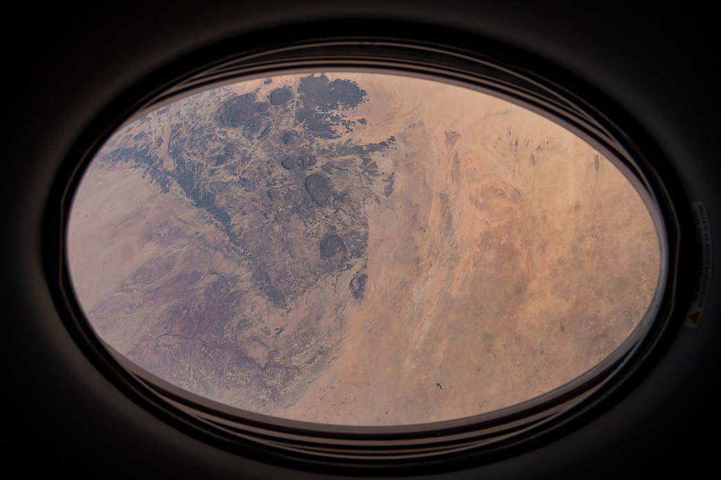 This view from the SpaceX Crew Dragon looks at the Sahara Desert