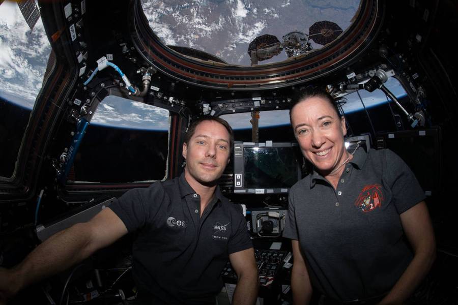 Flight Engineers Thomas Pesquet and Megan McArthur inside the cupola