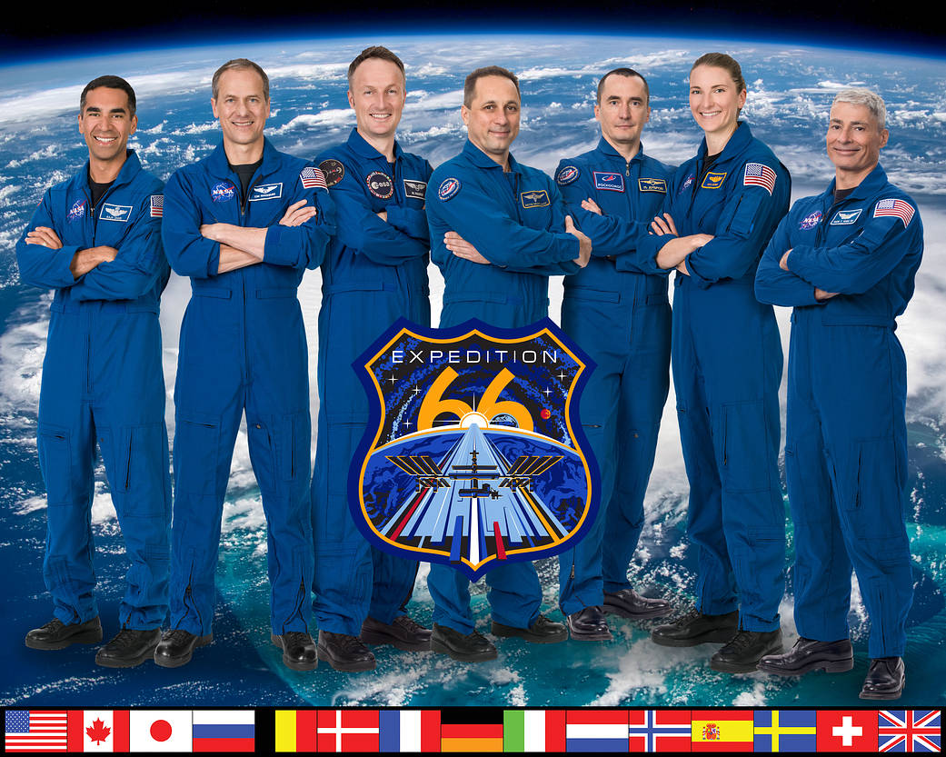 The official portrait of the seven-member Expedition 66 crew