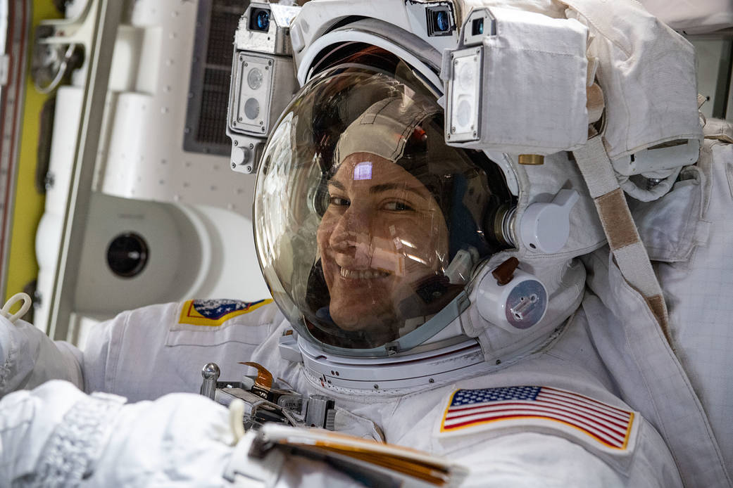 Astronaut Kayla Barron prepares for a spacewalk