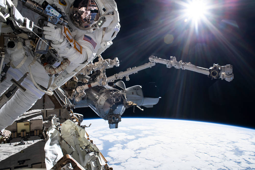 NASA spacewalker Raja Chari is pictured tethered to the station
