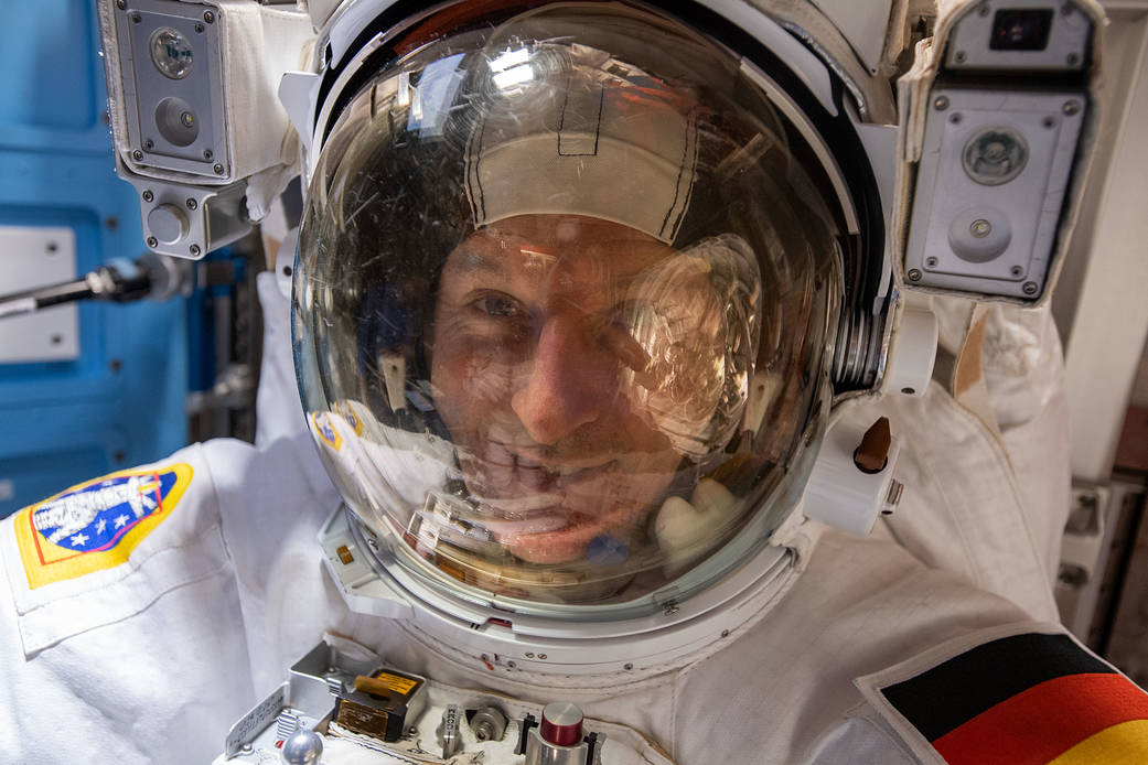 ESA Matthias Maurer in his U.S. spacesuit