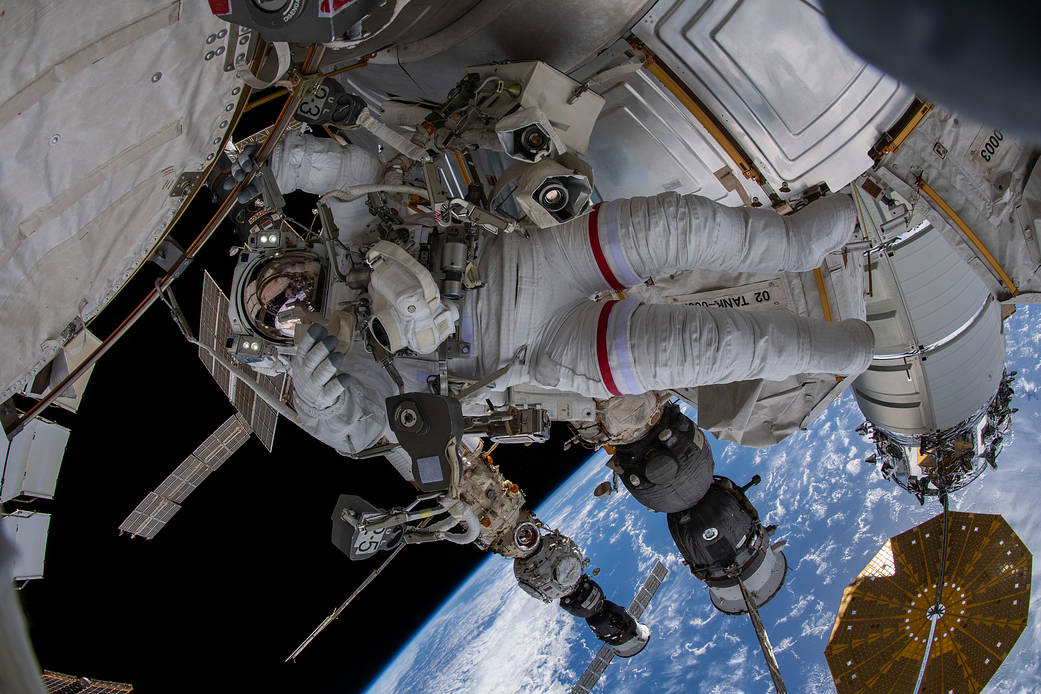 Astronaut Raja Chari is pictured during a spacewalk