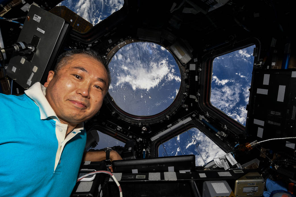 Astronaut Koichi Wakata is pictured inside the seven-window cupola