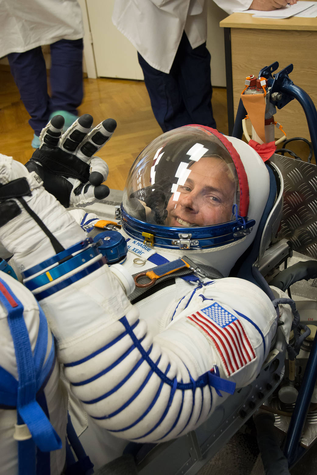 Expedition 57 crew member Nick Hague in his Russian Sokol launch and entry suit