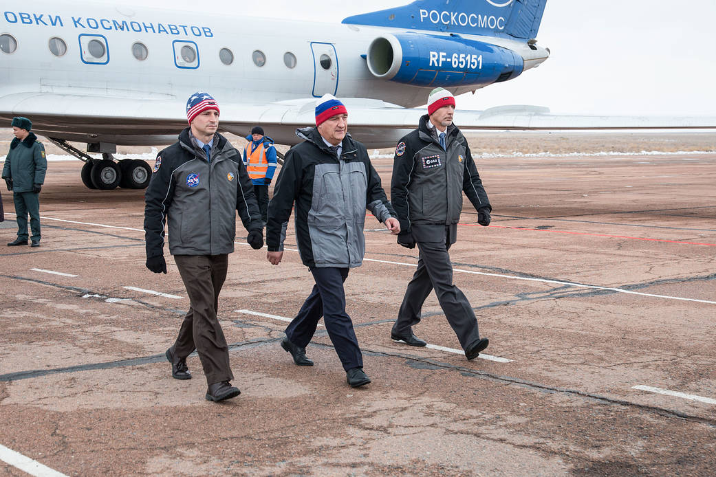 Expedition 59 backup crew members arrive at the Baikonur Cosmodrome in Kazakhstan