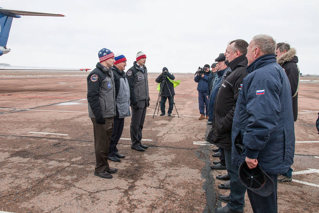 Expedition 59 backup crew members arriving at the Baikonur Cosmodrome in Kazakhstan