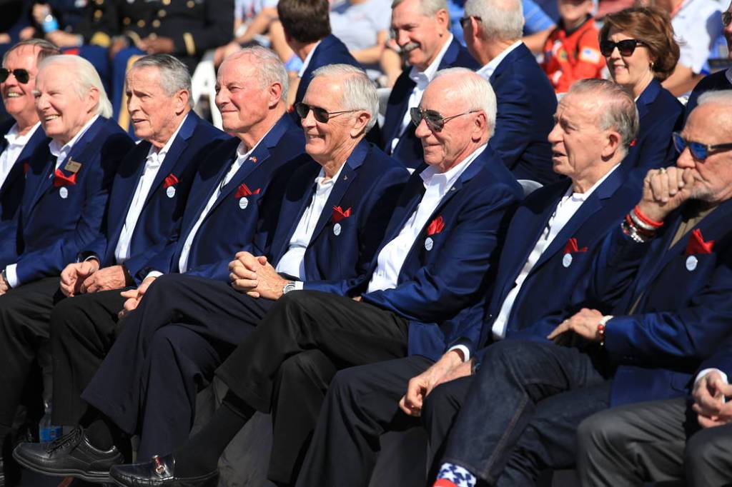 Members of the U.S. Astronaut Hall of Fame listen to speakers during the opening of the Heroes and Legends attraction at the Kennedy Space Center Visitor Complex. 