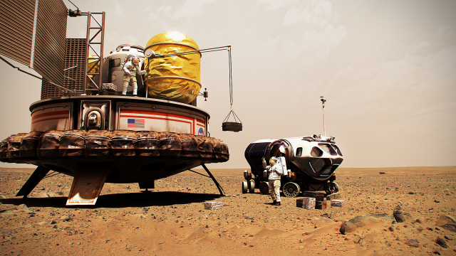 Artist's illustration showing two astronauts on the surface of Mars. A pressurize rover is in the background. One astronaut is on top of a lander, using a crane to lower instruments to the astronaut on the ground.