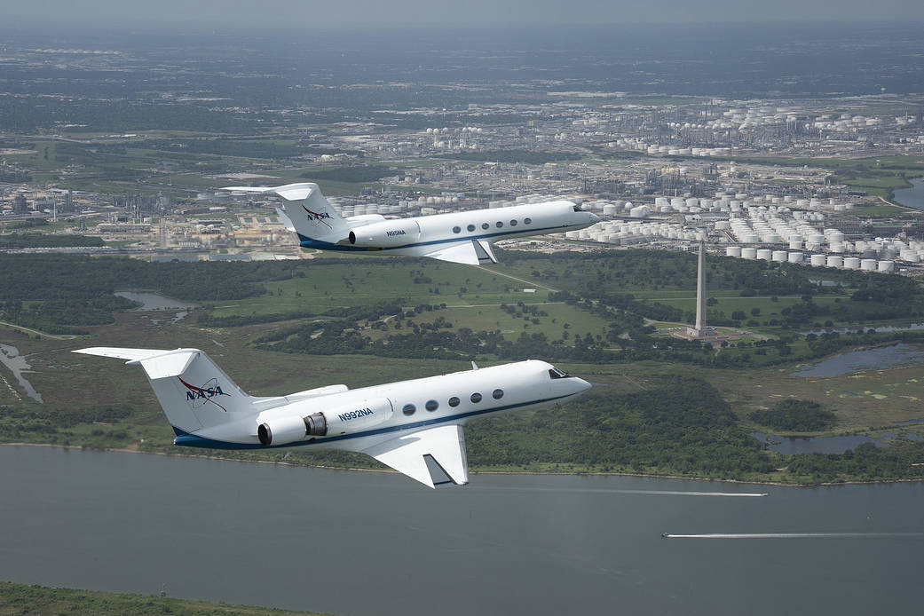 NASA Gulfstream Jets fly over the San Jacinto Monument