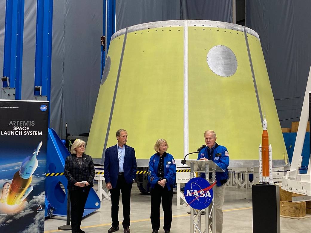 From left, Jody Singer, Robert “Hoot” Gibson, Pam Melroy; and NASA Administrator Sen. Bill Nelson address the media.