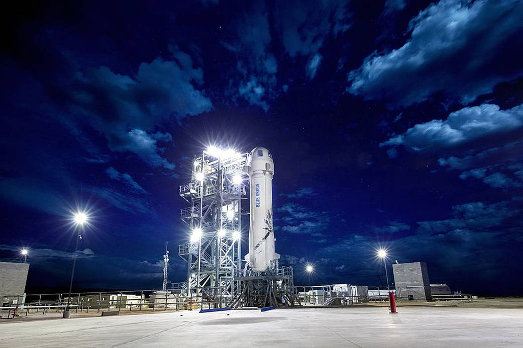 Blue Origin New Shepard on the rocket’s launchpad in West Texas.