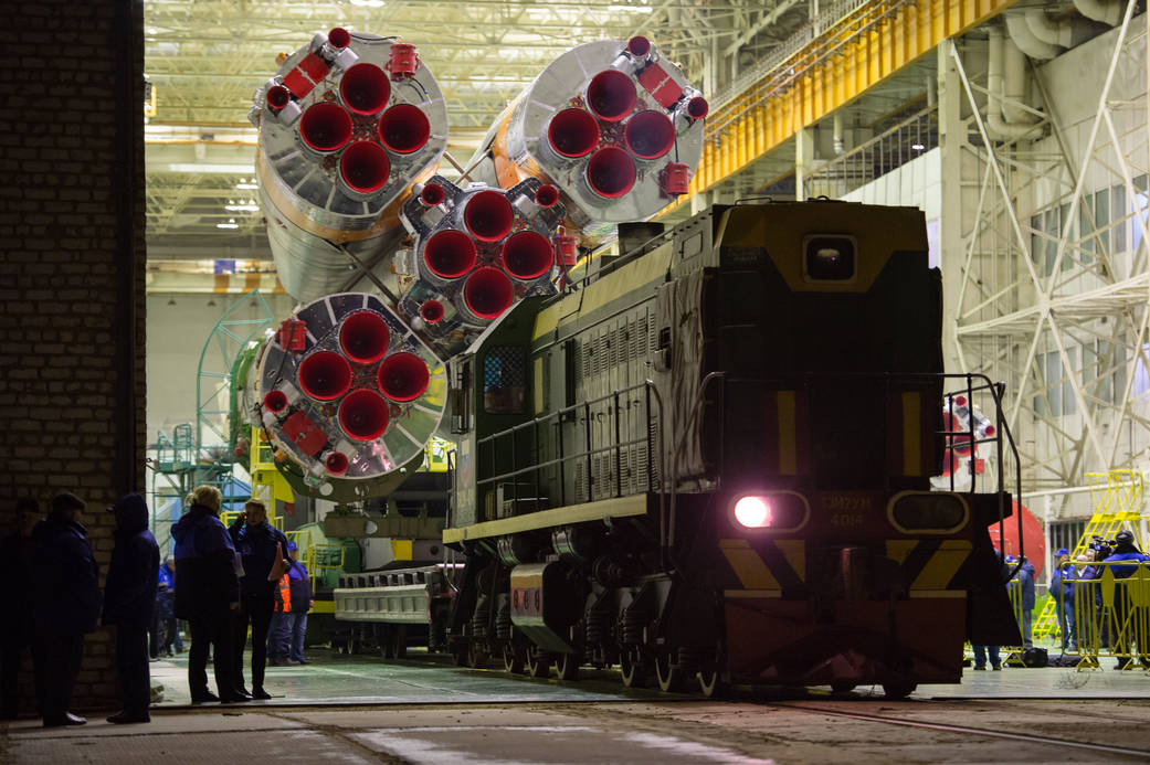 The Soyuz TMA-20M spacecraft is rolled out to the launch pad